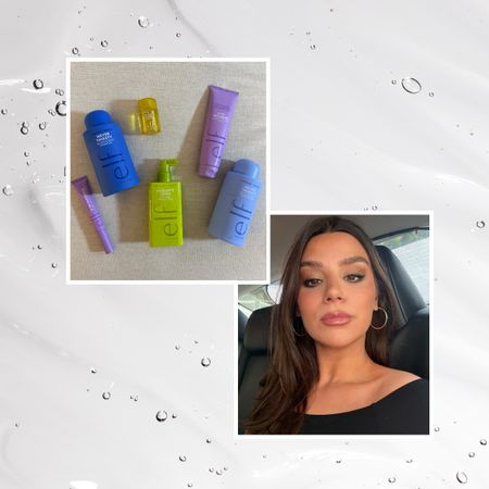 a hair gel background with two framed photos, the left green, yellow, blue, purple, and green hair products next to a girl in the car with brown hair