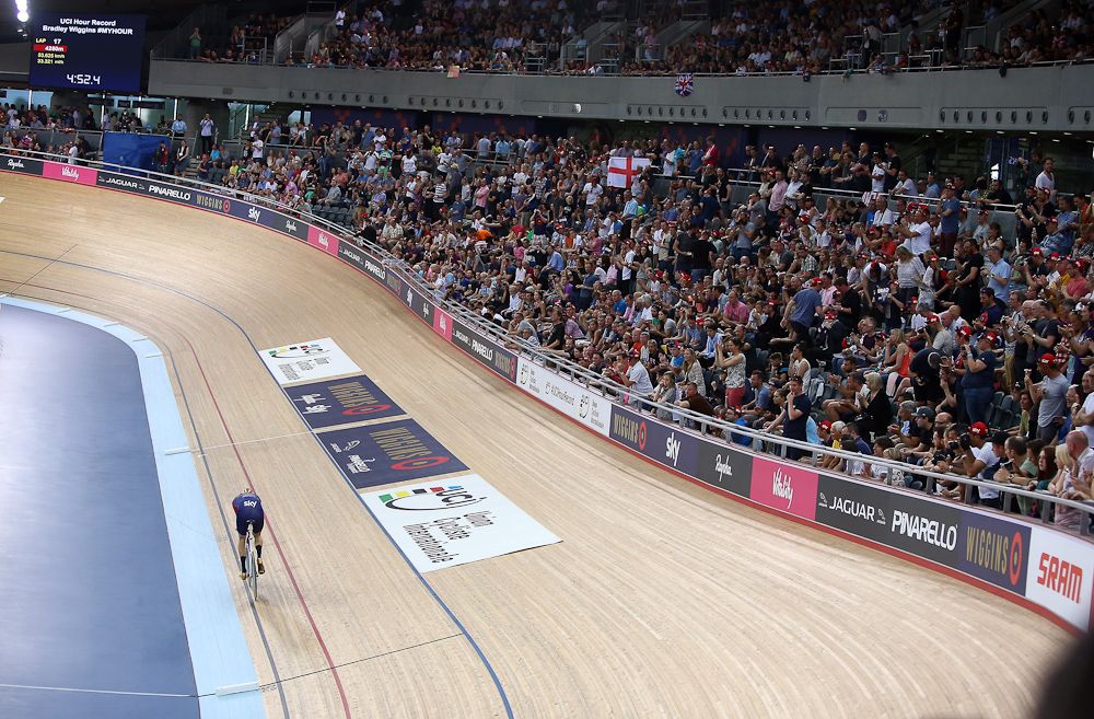 Bradley Wiggins on his way to breaking the UCI One Hour Record at Lee Valley Velopark Velodrome.