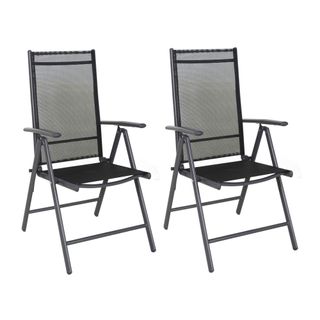 Two grey metal folding garden chairs