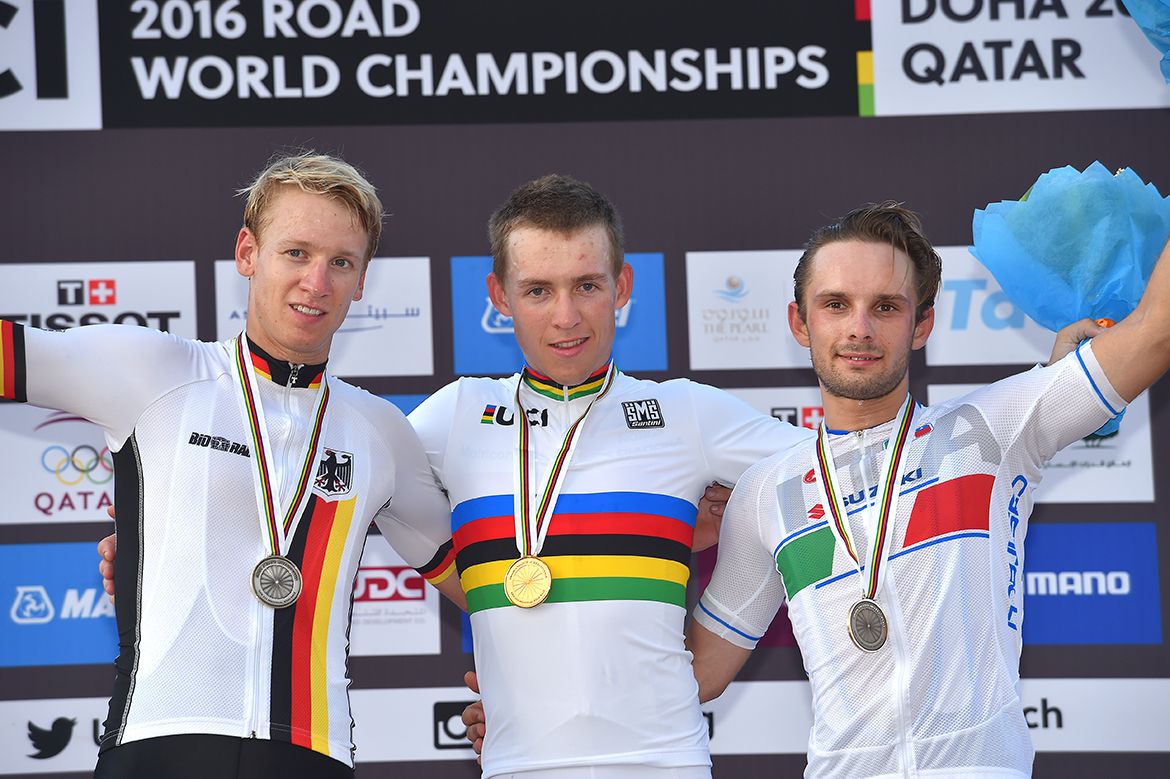 Pascal Ackermann, Kristoffer Halvorsen and Jakub Mareczko made up the U23 men's road race podium at the 2016 World Championships