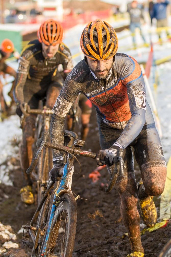 Favata running through a challenging off-camber