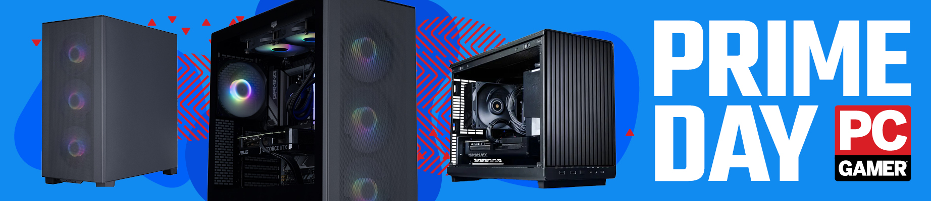 Selection of gaming PCs on a Prime Day background