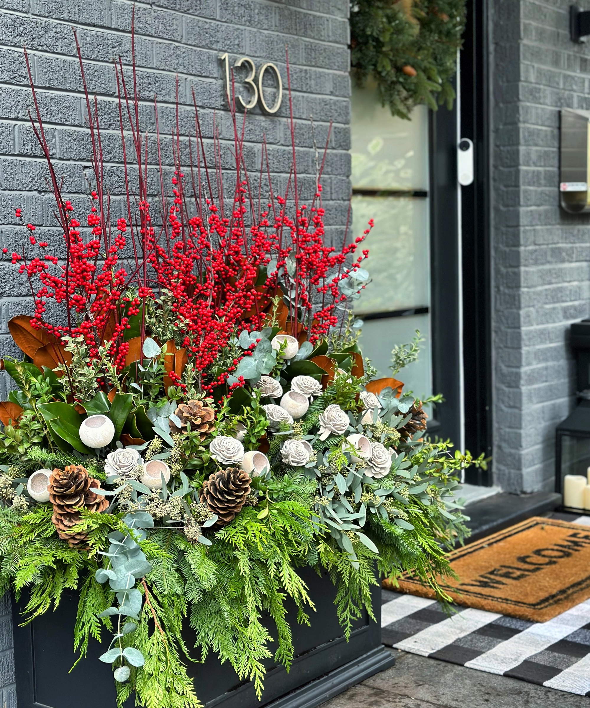 Porch planter, Berries, seedheads, festive, Christmas