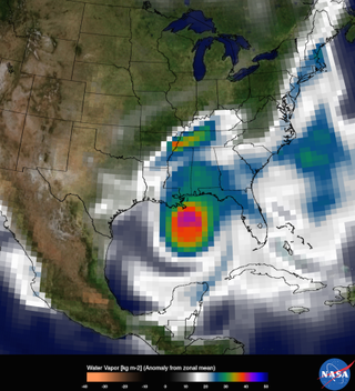 The image shows water vapor within Hurricane Katrina on Aug. 29, 2005, at a 50-km (31 miles) resolution, the resolution of most global models in 2005.