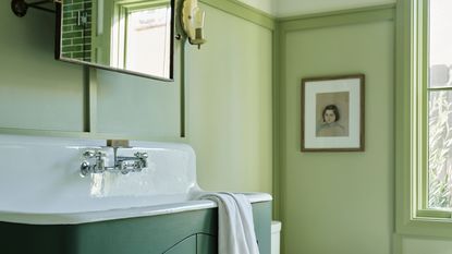 a light green bathroom with a darker green vanity