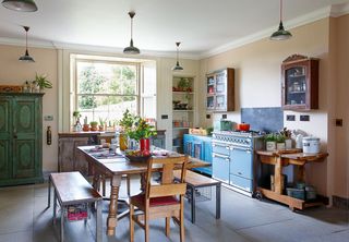 coloured units in a vintage inspired kitchen