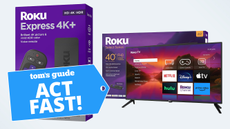 Silo of Roku streaming stick and TV on blue background with Act Fast badge