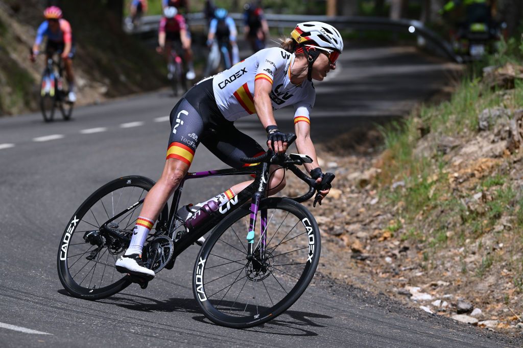 MIRADOR DE PEAS LLANAS SPAIN MAY 05 Mavi Garcia of Spain and Team Liv Racing Teqfind competes in the breakaway during the 9th La Vuelta Femenina 2023 Stage 5 a 1292km stage from La Cabrera to Mirador de Peas Llanas 1479m UCIWWT on May 05 2023 in Mirador de Peas Llanas Spain Photo by Dario BelingheriGetty Images