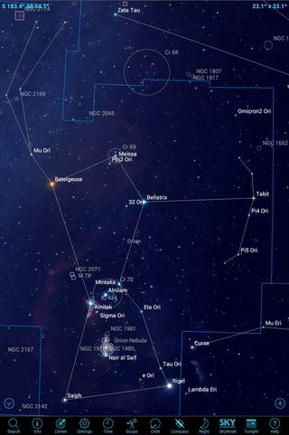 Mobile apps such as SkySafari 5 can be configured to show you all of the stars and deep-sky objects within a constellation. Then, you can touch an object to select it and zoom in to see more detail; call up scientific and historical details; and view imagery from major observatories. Take the app out under the stars, or tour the sky from the comforts of home. Orion's objects all fall within the blue boundaries that separate one constellation from the next.