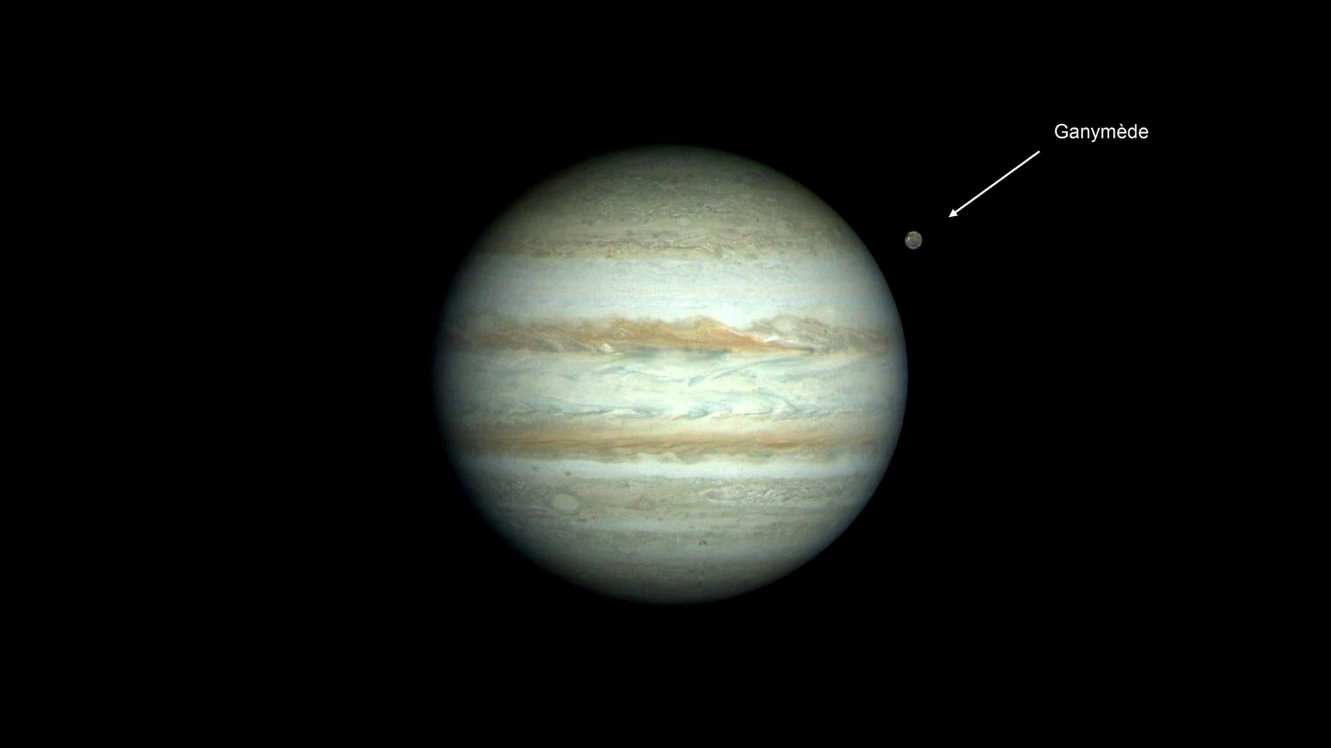 Jupiter and its largest moon Ganymede photographed by Europe's Earth-observing spacecraft Pleiades Neo.