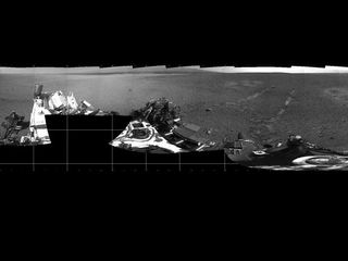 NASA's Mars rover Curiosity took this panorama on Mars on Aug. 22, 2012, just after its first test drive. The landing site has been named "Bradbury Landing" in honor of the late sci-fi author Ray Bradbury.