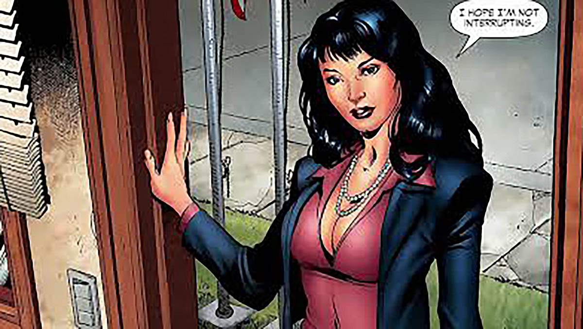 Carol Ferris standing in a doorway in a DC comic book panel