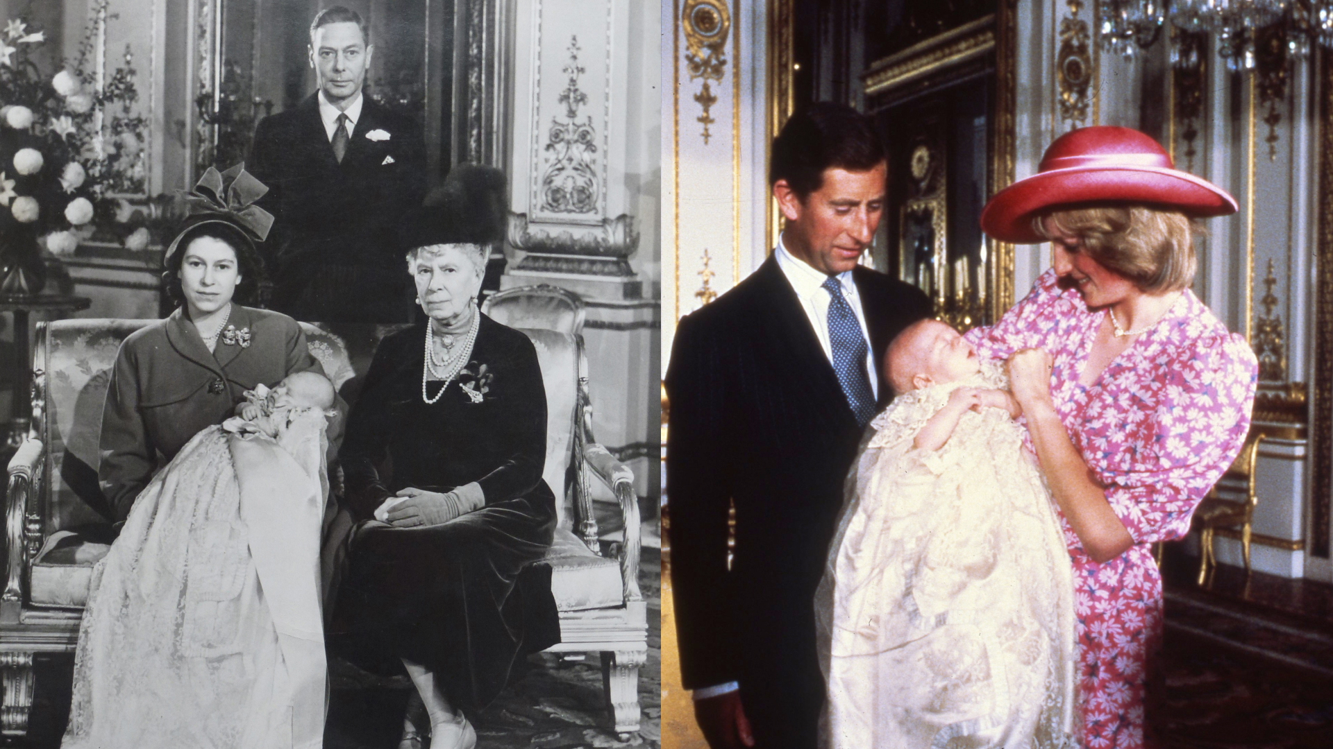 Queen Elizabeth holding King Charles at his christening; Prince Charles and Princess Diana holding Prince William at his christening