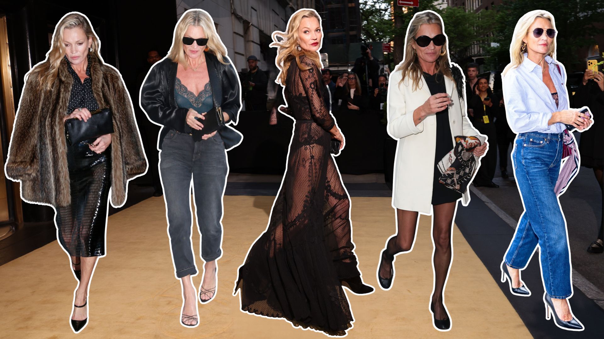 An image of the key autumn fashion trends worn by Kate Moss.