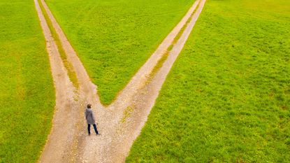 A person reaches a fork in the road. 