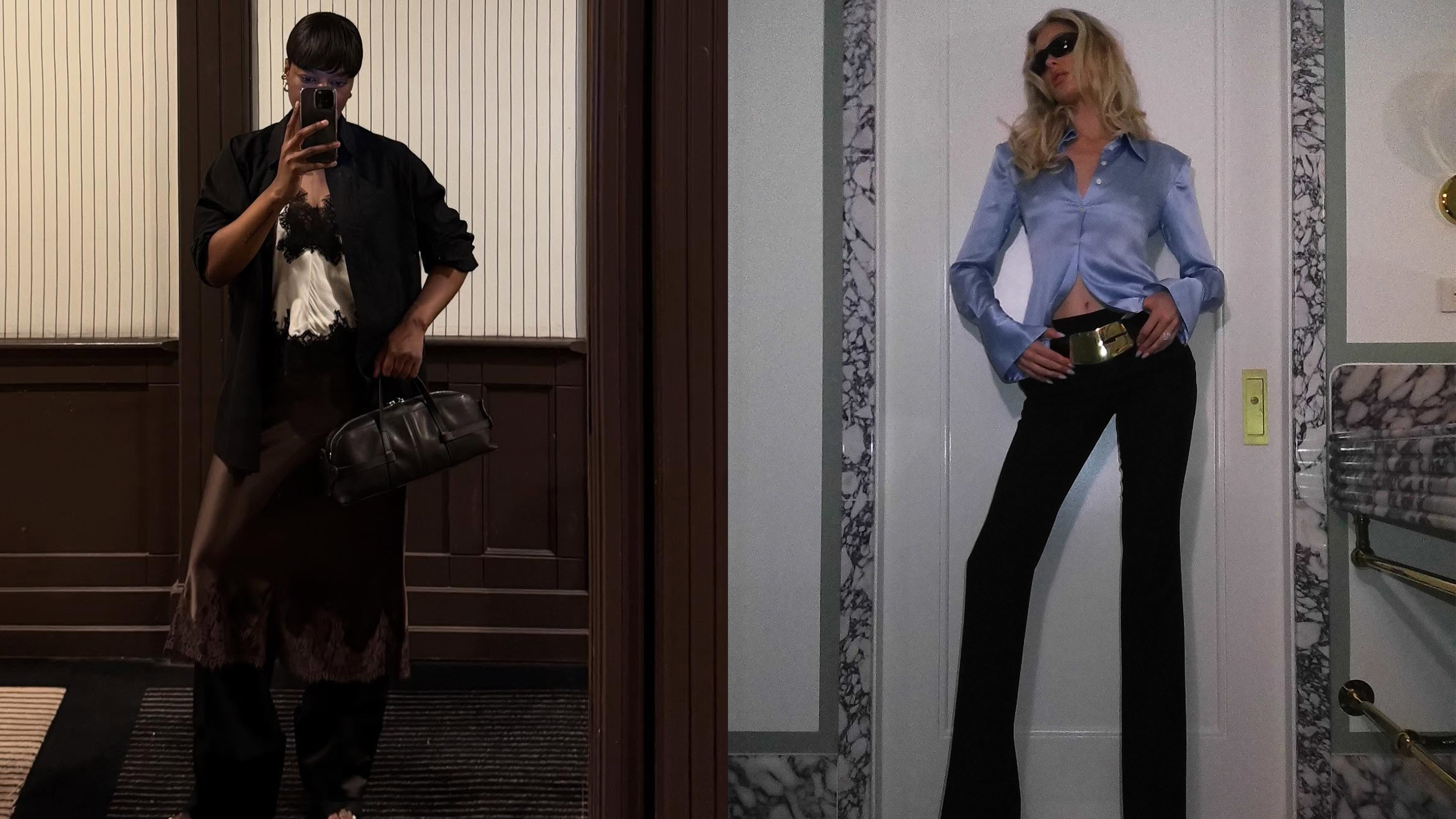 Two women wearing silk tops with black pants.