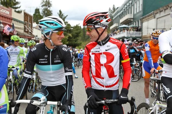 Andy Schleck and Levi Leipheimer have a chat before the start at Nevada City