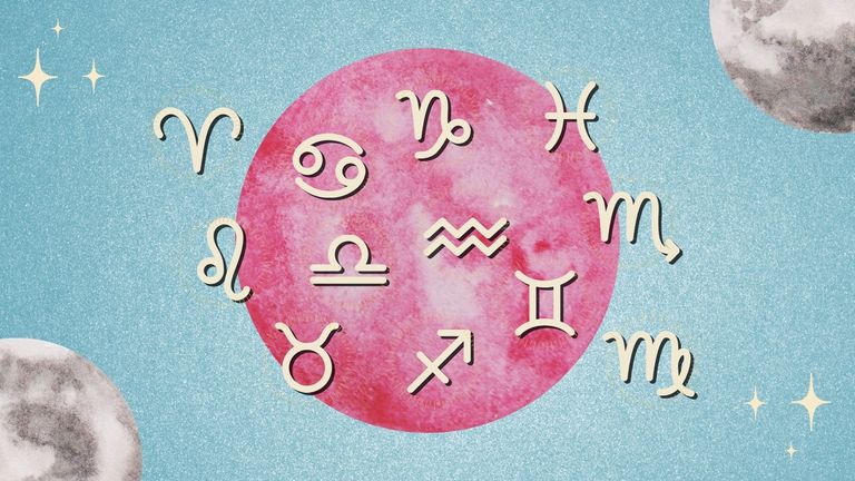 Representation of the zodiac signs against a full moon backdrop