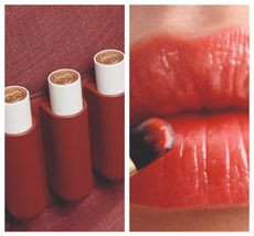 hermès lipsticks in white casing next to a close up shot of lips wearing the lip balm