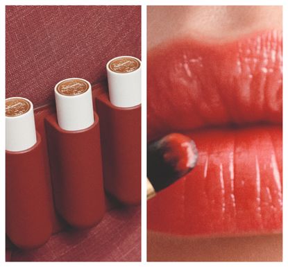 hermès lipsticks in white casing next to a close up shot of lips wearing the lip balm