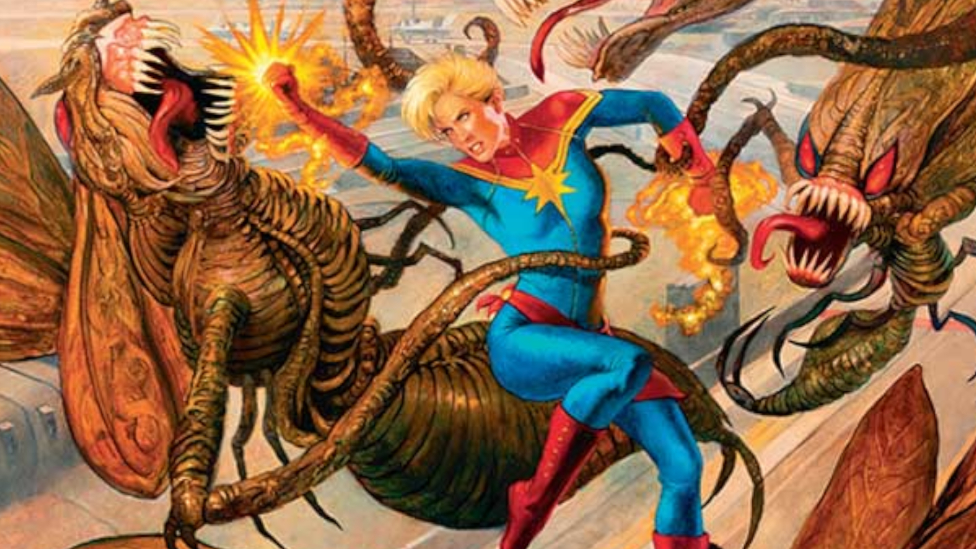 Captain Marvel punches an alien while being attacked by more in mid-air