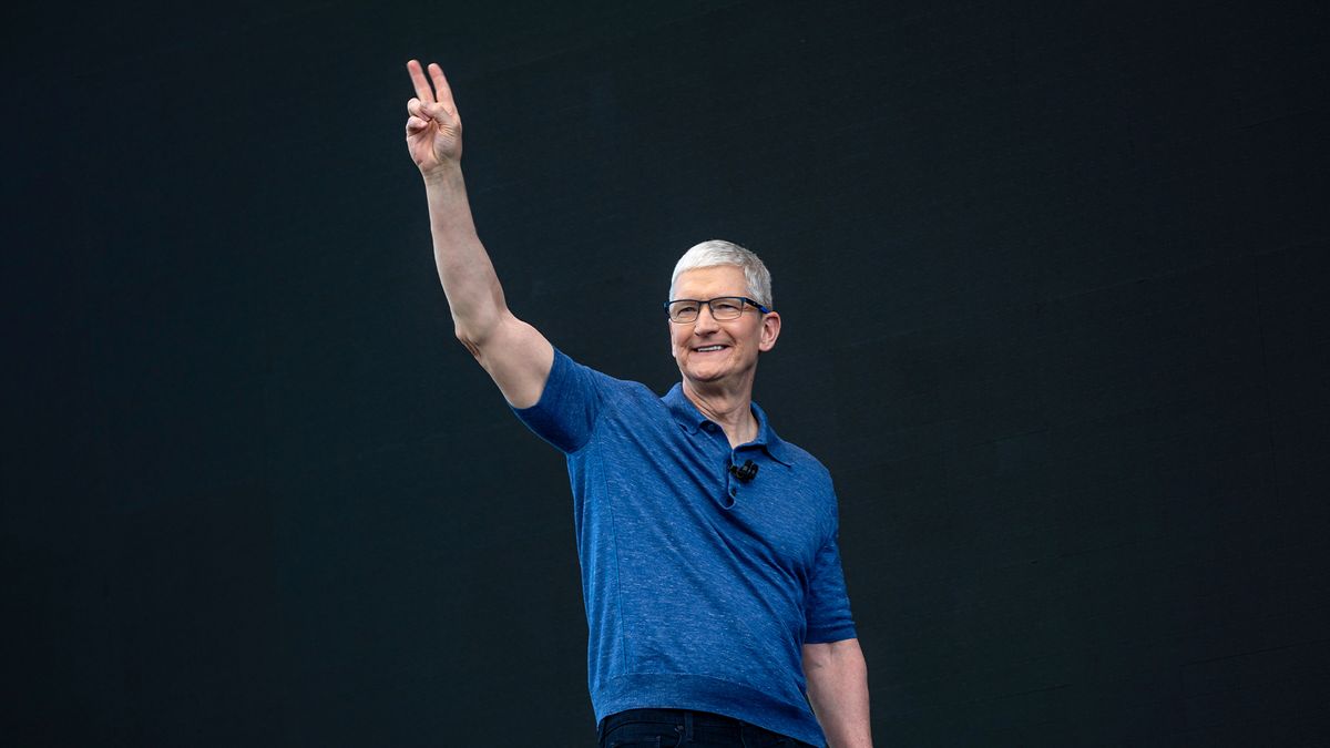 Apple CEO Tim Cook pictured at the Apple Worldwide Developers Conference at Apple Park campus in Cupertino, California, US