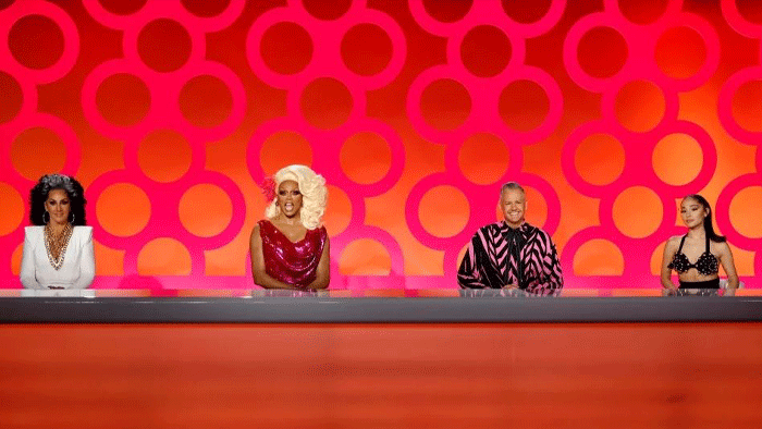 RuPaul judging panel for season 15 - Michelle Visage, RuPaul, Ross Matthews, and guest judge Ariana Grande