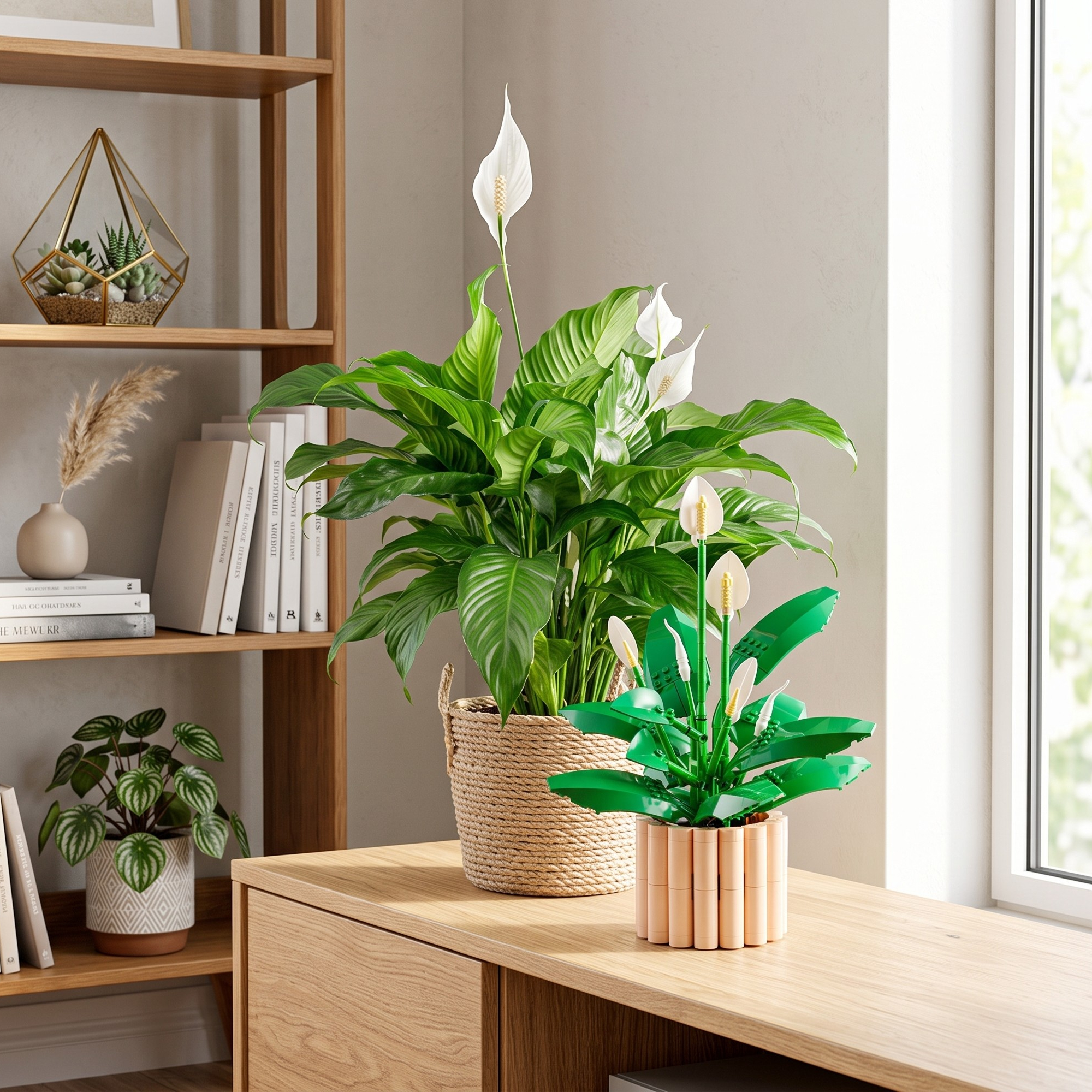 a peace lily plant standing next to a LEGO peace lily in a living room