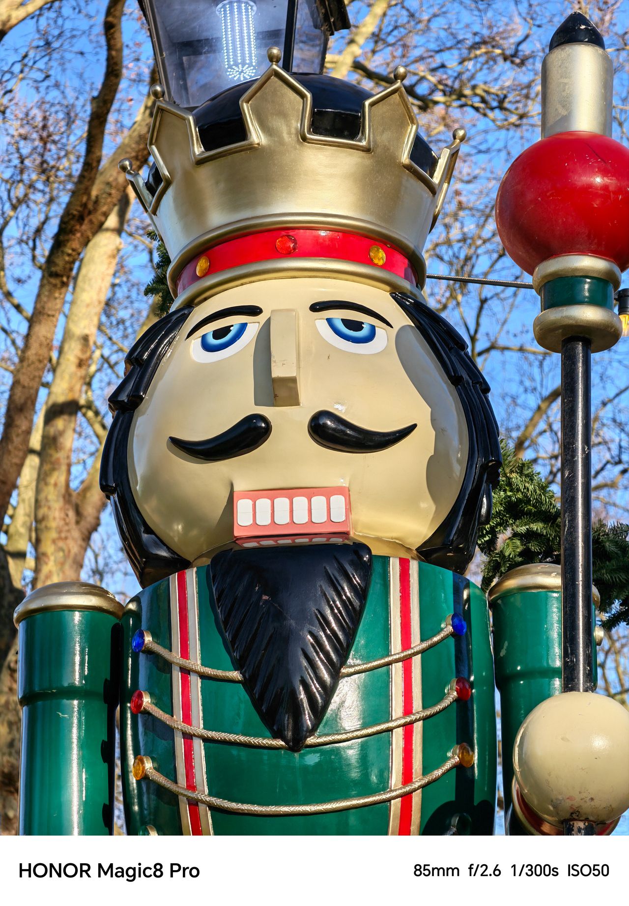 Close-up of a large nutcracker statue shot on an Honor Magic 8 Pro