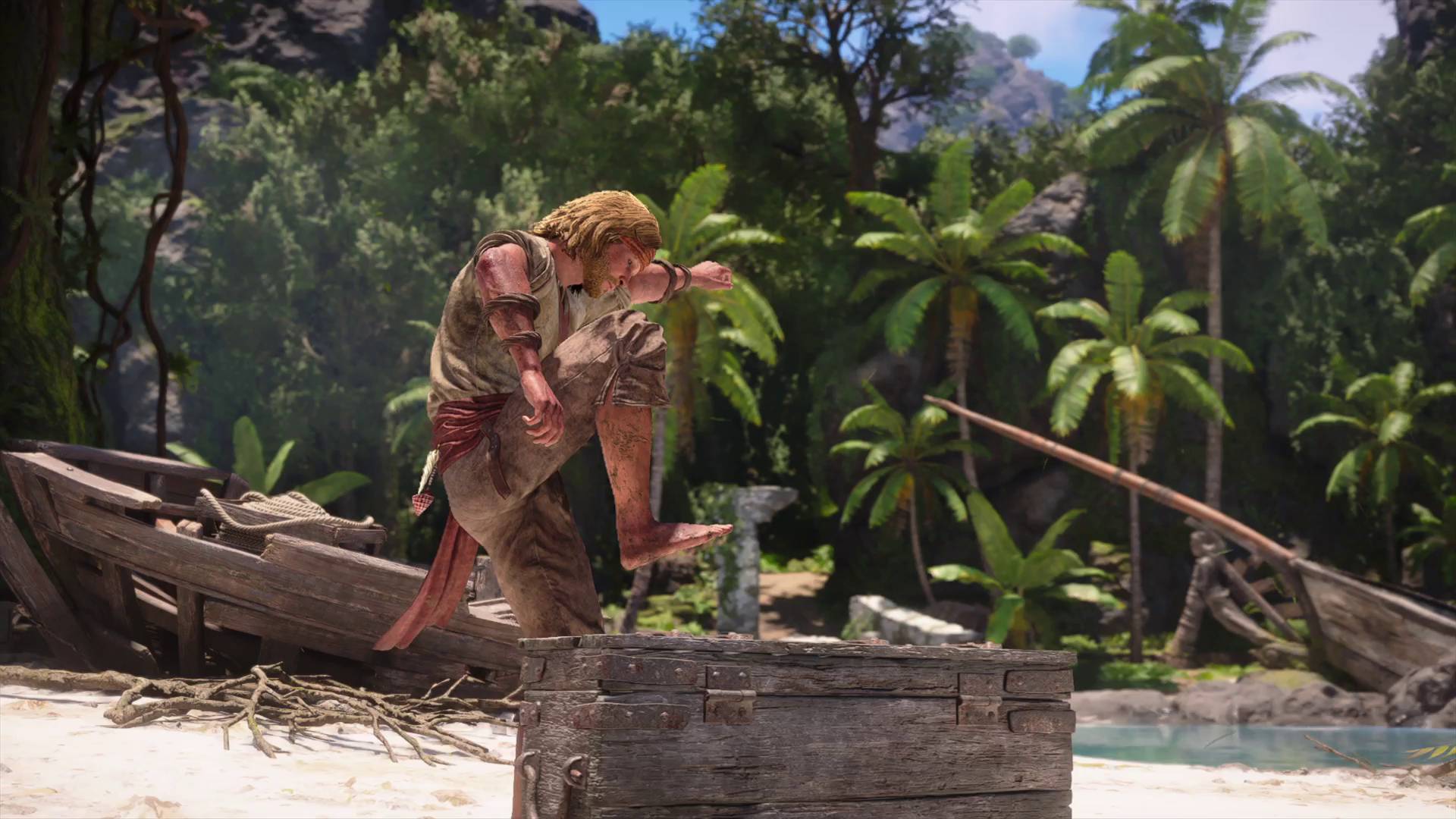 Assassin's Creed Black Flag Resynced Edward in Isla Providencia stamping his foot on a treasure chest to break it open on