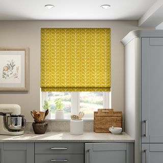 kitchen with white wall and yellow blinds in window