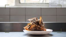picture of a dish full of used tea bags on a countertop in a kitchen to support ideas of how to use tea bags in your garden