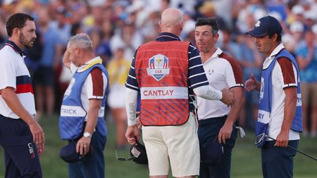 Rory McIlroy and Joe LaCava argue at the Ryder Cup in Rome