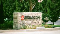 Signage with logo at the Silicon Valley headquarters of semiconductor company Broadcom, Santa Clara, California, August 17, 2017