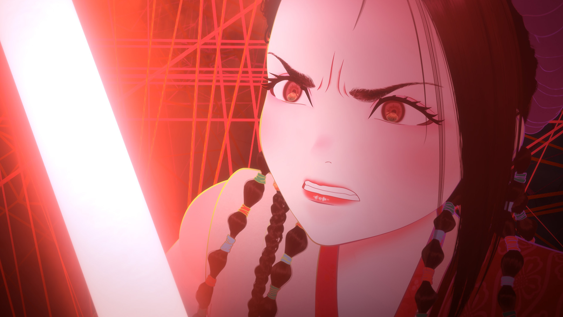 Still from the animated TV anthology series "Star Wars: Visions Volume 3". This episode is called "The Bird of Paradise" by Polygon Pictures. A woman holds a red-glowing lightsaber.