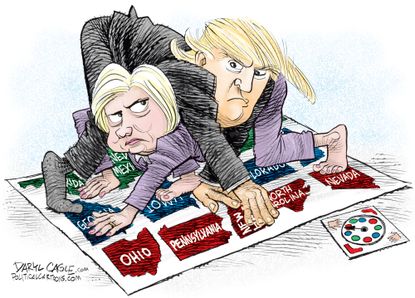 Political cartoon U.S. 2016 election Donald Trump Hillary Clinton twister