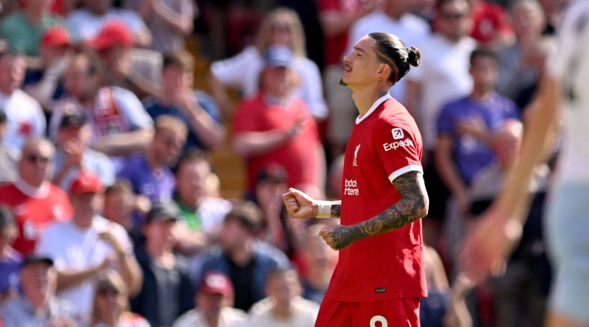 Darwin Nunez of Liverpool celebrates after a goal