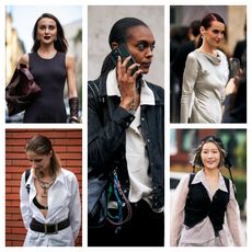 five women posing on the street with fashionable outfits in a grid pattern