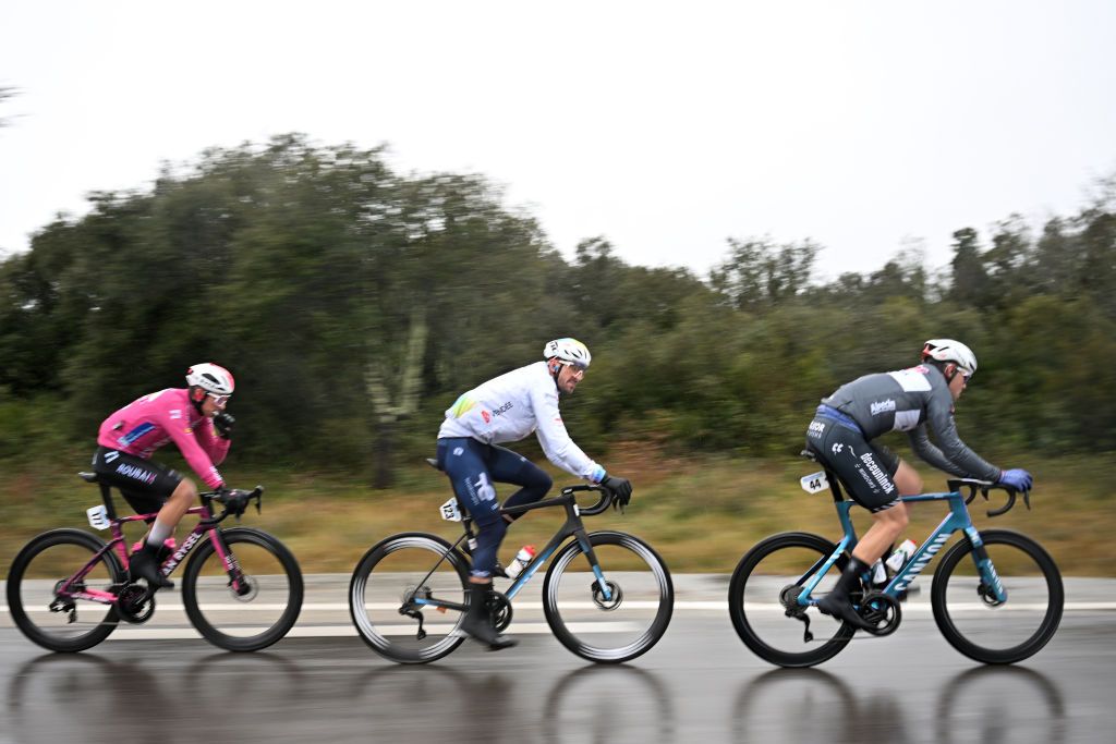 LE MONT BOUQUET FRANCE FEBRUARY 08 LR Killian Theot of France and Team Van Rysel Roubaix Alexys Brunel of France and Team TotalEnergies and Simon Dehairs of Belgium and Team Alpecin Deceuninck compete in the breakaway during the 55th Etoile de Besseges Tour du Gard 2025 Stage 4 a 135km stage from Vauvert to Le Mont Bouquet 617m Race shortened due to adverse weather conditions on February 08 2025 in Le Mont Bouquet France Photo by Billy CeustersGetty Images
