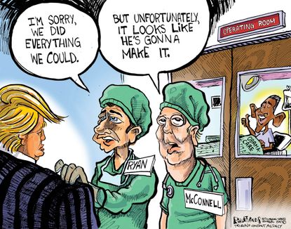 Political cartoon U.S. Trump Mitch McConnell Paul Ryan Obamacare repeal replace