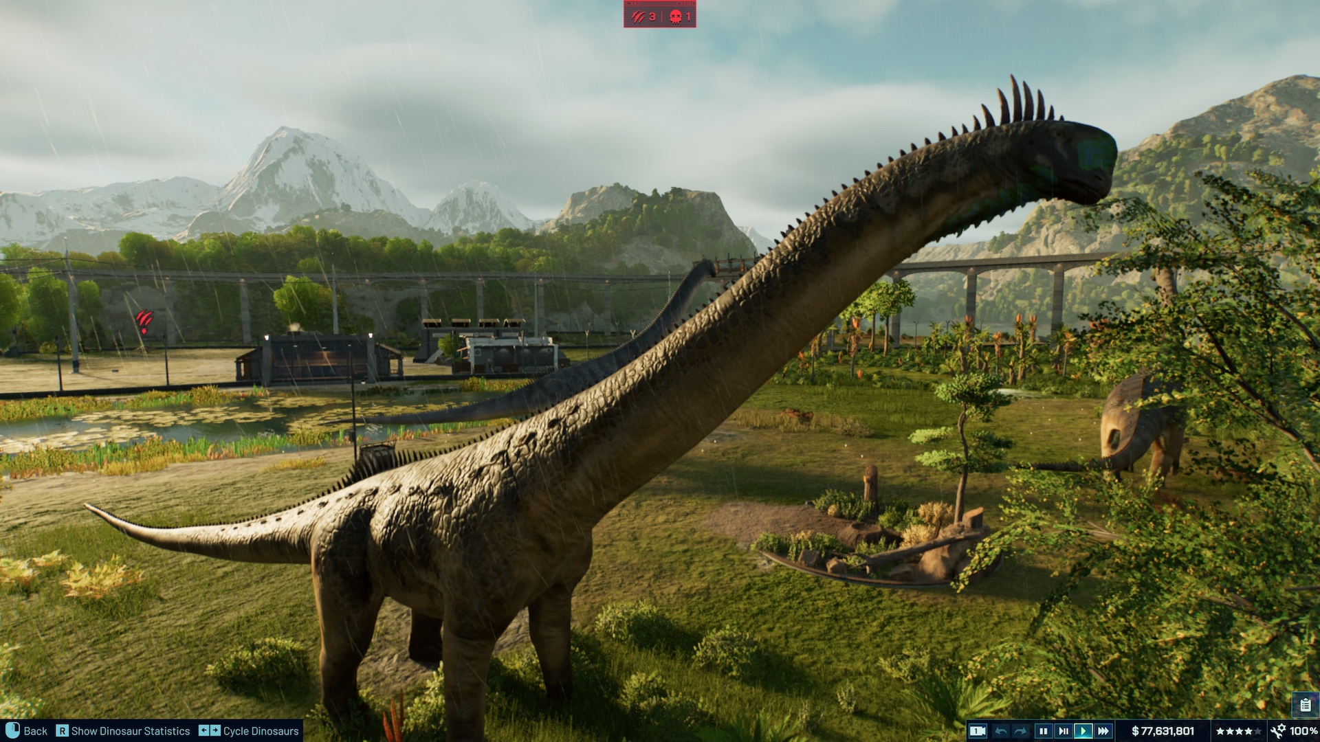 A Patagotitan eating leaves from a tree in Jurassic World Evolution 3