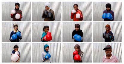 A combination photo shows students of coach Younus Qambrani posing with their boxing gloves.