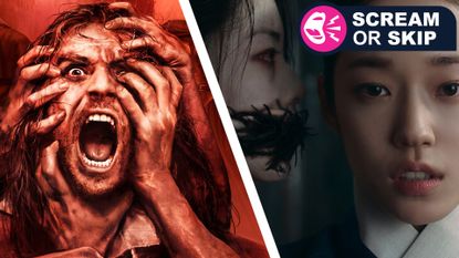 Two images: one of man screaming whilst being grabbed by hands, and one of a woman being terrorised by a ghost. Text on the image reads "scream or skip"