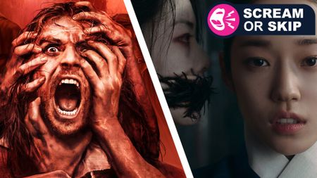 Two images: one of man screaming whilst being grabbed by hands, and one of a woman being terrorised by a ghost. Text on the image reads "scream or skip"