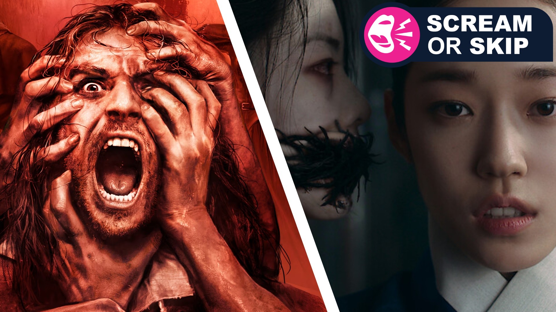 Two images: one of man screaming whilst being grabbed by hands, and one of a woman being terrorised by a ghost. Text on the image reads "scream or skip"