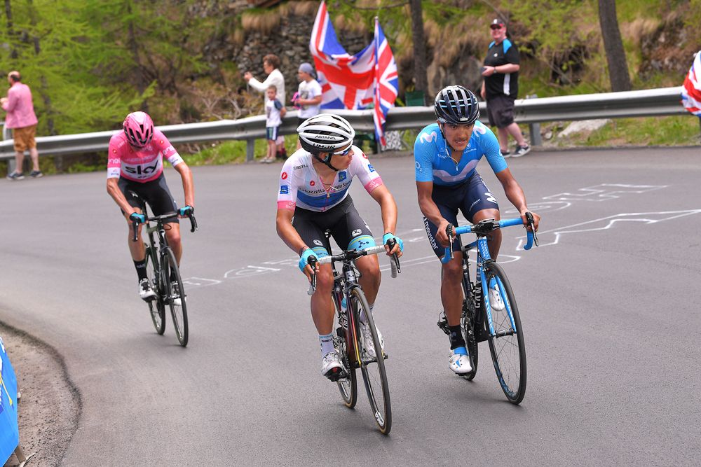 Miguel Angel Lopez and Richard Carapaz ride ahead of Chris Froome during stage 20 at the Giro d'Itlia