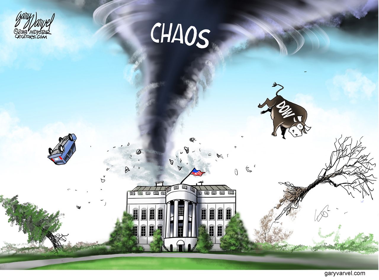 Political cartoon U.S. chaos President DOW instability White House turnover