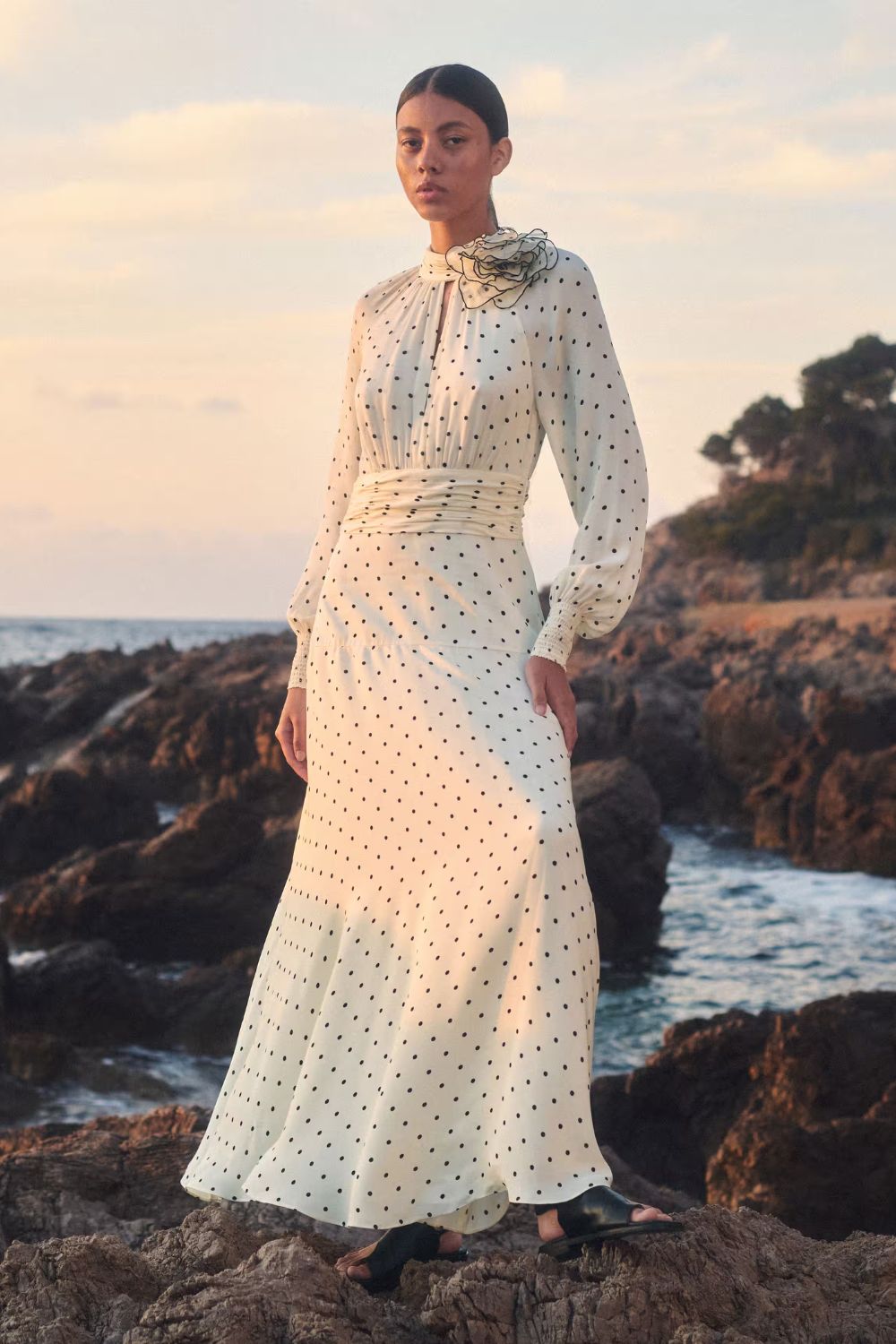 Silk Polka Dot Maxi Dress + Corsage
