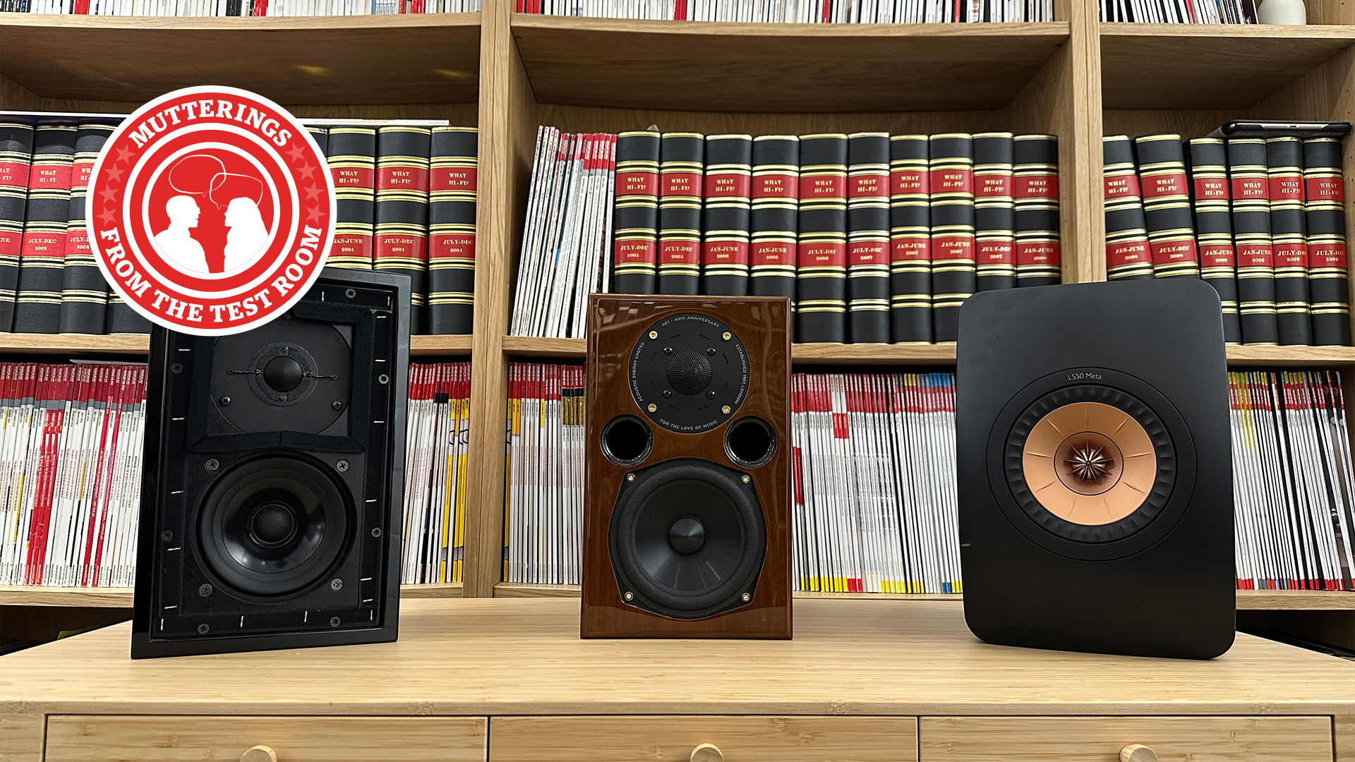 KEF LS3/5A, Acoustic Energy AE1 40th Anniversary and KEF LS50 Meta on a table top