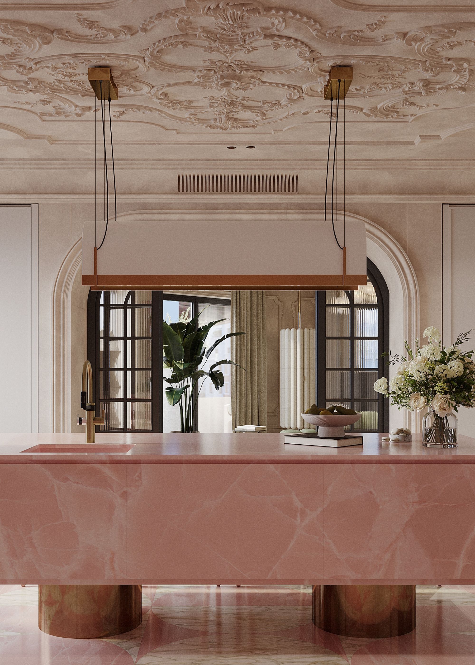 A kitchen with pink ceiling molding, a solid pink island and long pendant lights